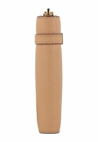 Tan fabric case with a textured finish, cylindrical shape, and a gold hardware clasp at the top, secured by a narrow strap.