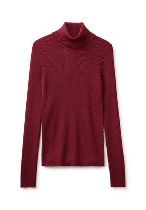 Bordeaux geribde trui met lange mouwen en een coltrui met een aansluitend model.