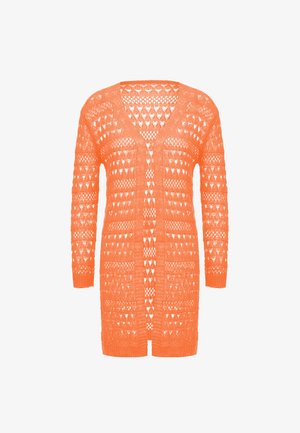 Kötött kardigán élénk narancsszínben, textúrált, nyitott mintázattal, V-nyakkal, hosszú ujjakra és térd alá érő szabásra jellemző.