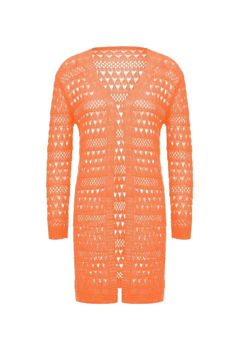 Stickad cardigan i stark orange, med en texturerad, öppen design, V-ringning, långa ärmar och en knälång silhuett.