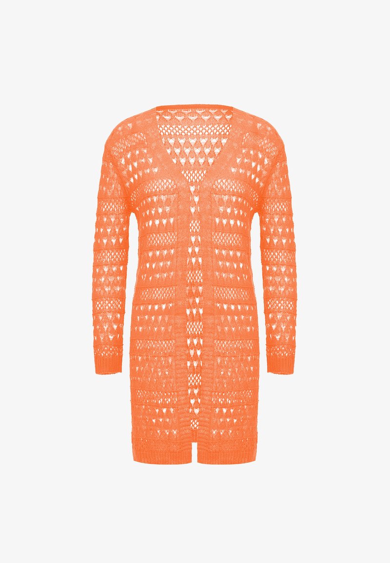 Stickad cardigan i stark orange, med en texturerad, öppen design, V-ringning, långa ärmar och en knälång silhuett.