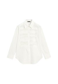 Bílá košile s dlouhým rukávem, límcem a texturovanými plisovanými detaily na přední straně. Uprostřed je řada knoflíků.