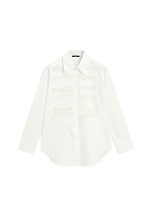 Weißes Langarmhemd mit einem Kragen und einer strukturierten, plissierten Detailverarbeitung über der Vorderseite. Knöpfe verlaufen längs in der Mitte.