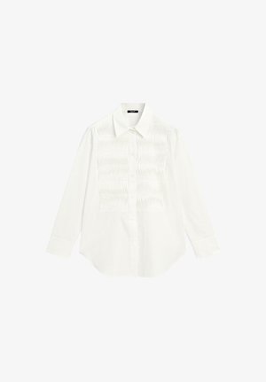 Weißes Langarmhemd mit einem Kragen und einer strukturierten, plissierten Detailverarbeitung über der Vorderseite. Knöpfe verlaufen längs in der Mitte.