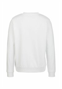 Weißes Baumwoll-Sweatshirt mit Rundhalsausschnitt, langen Ärmeln und gerippten Bündchen. Es hat eine glatte Textur und ein einfaches, minimalistisches Design.