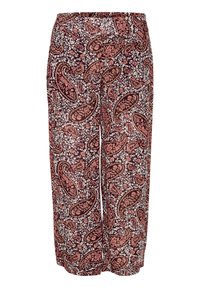 Pantalons taille large avec un motif floral paisley en maroon et crème. Présentent une taille élastique et une texture de tissu douce.