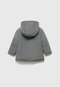 Grey puffy jacket with a hood, featuring a smooth texture and a straight cut. Includes horizontal stitching across the back.