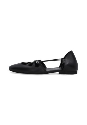 Black leather ballet flats featuring a pointed toe, cut-out details, and a low heel. The shoes have a smooth texture with minimal hardware.