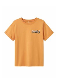 Camiseta de algodón naranja con mangas cortas y cuello redondo, que presenta un texto impreso "GAMER" y un gráfico de rayo en el pecho.