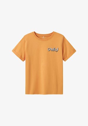 Camiseta de algodón naranja con mangas cortas y cuello redondo, que presenta un texto impreso "GAMER" y un gráfico de rayo en el pecho.