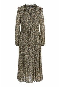Robe midi à manches longues en imprimé floral sombre. Fabriquée en tissu léger avec un encolure froncée et un ourlet à volants. Présente une taille cintrée.