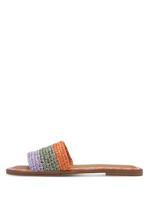 Woven slide sandals featuring a multicolored strap in orange, green, and purple. The sole is flat with a natural wood finish.