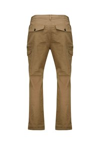 Khaki cargobroek met meerdere zakken, een ritssluiting aan de zijkant en knoopzakken aan de achterkant. Gemaakt van duurzaam, soepel materiaal. Regular fit.