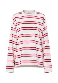 Long-sleeve white shirt with horizontal red and light pink stripes, crew neck, and relaxed fit.
