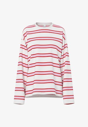 Valge pika varrukaga särk, millel on horisontaalsed punased ja heleroosad triibud, ümarselg ja lõdvestunud lõige.