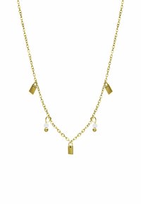 Collier en or avec cinq accents : deux pièces métalliques rectangulaires, deux perles rondes et une perle blanche, espacées uniformément.