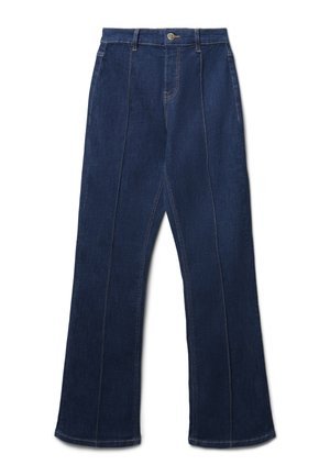 Jeans in denim blu scuro con taglio dritto, caratterizzati da dettagli di cucitura verticale e una vita classica con chiusura a bottone.
