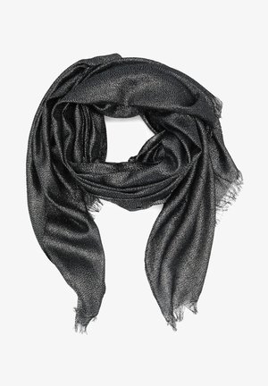 Sciarpa nera con una finitura metallica lucida e una sottile texture. I bordi sono sfrangiati, creando un aspetto morbido e informale.