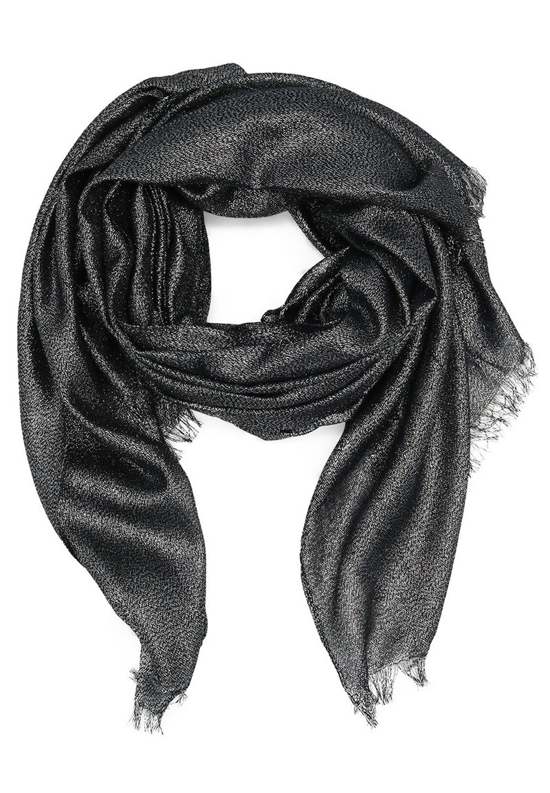Sciarpa nera con una finitura metallica lucida e una sottile texture. I bordi sono sfrangiati, creando un aspetto morbido e informale.