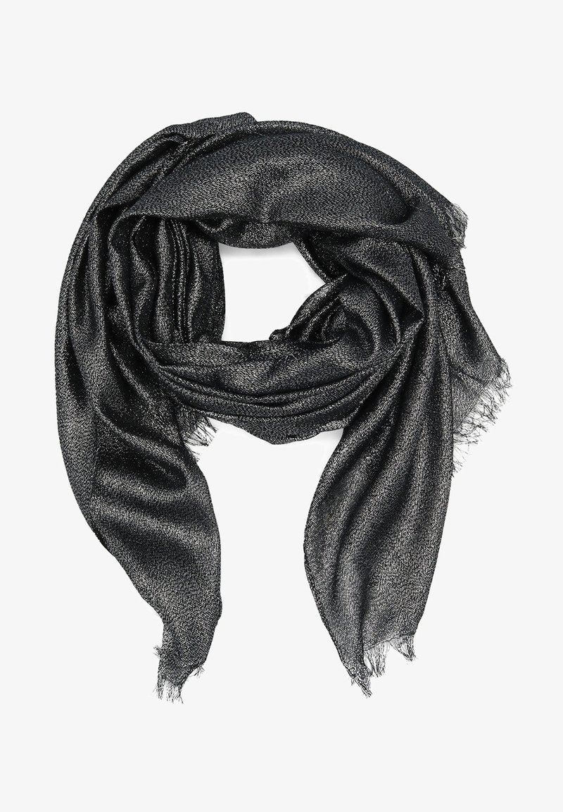 Sciarpa nera con una finitura metallica lucida e una sottile texture. I bordi sono sfrangiati, creando un aspetto morbido e informale.