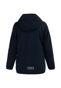 Tamsiai mėlyna gobtuvinė striukė, pagaminta iš minkštos medžiagos. Turi tiesų siluetą, ilgomis rankovėmis ir mažą logotipą kairiajame petyje.