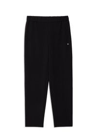 Zwarte elastische taillebroek met zijzakken; taps toelopend ontwerp; gladde textuur met een nette afwerking. Geen zichtbare logo's of patronen.