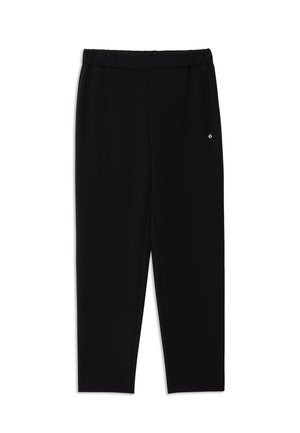 Crne elastične hlače s bočnim džepovima; suženi dizajn; glatka tekstura s urednim završetkom. Nema vidljivih logotipa ili uzoraka.