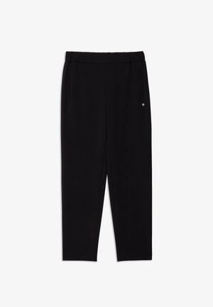 Crne elastične hlače s bočnim džepovima; suženi dizajn; glatka tekstura s urednim završetkom. Nema vidljivih logotipa ili uzoraka.