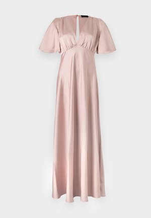 Long, pale pink satin dress with a keyhole neckline, short flutter sleeves, and flowing skirt. Smooth texture, minimal design details.