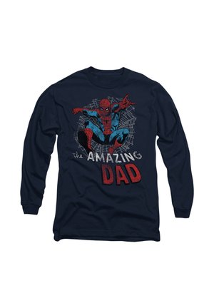 Marineblaues Langarmshirt mit einem Grafikdesign von Spider-Man in Rot und Blau, sowie dem Text "der AMAZING DAD" in kräftigem Rot und Weiß.