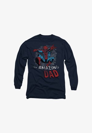 Navy long-sleeve shirt featuring a graphic of Spider-Man in red and blue, with the text "the AMAZING DAD" in bold red and white.