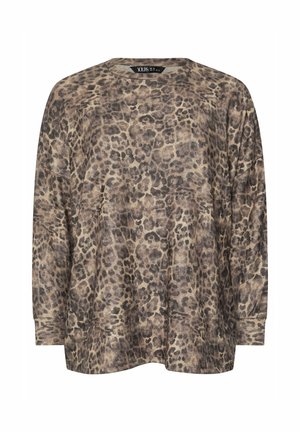 Leopardenmuster Langarmshirt aus weichem Stoff, mit rundem Halsausschnitt und lockerer Passform, in hellbeigen und braunen Tönen.