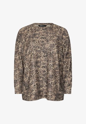 Leopardenmuster Langarmshirt aus weichem Stoff, mit rundem Halsausschnitt und lockerer Passform, in hellbeigen und braunen Tönen.