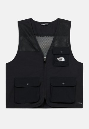 Czarna kamizelka bez rękawów z suwakiem, z siateczkowym górnym tyłem, trzema przednimi kieszeniami z klapkami oraz logo "The North Face" na kieszeni na piersi.