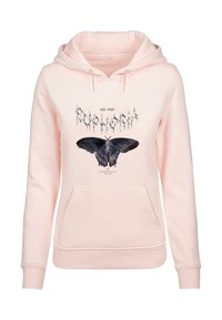 Ružová mikina z bavlny s veľkým čiernym motýlím grafickým vzorom a textom "GRC PWR Euphoria", obsahujúca prednú kengurú kapsu a rebrované manžety.
