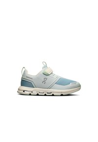 Lightweight athletic shoes featuring a mesh design in light blue and grey, with a white sole and green accents. Velcro strap for secure fit.