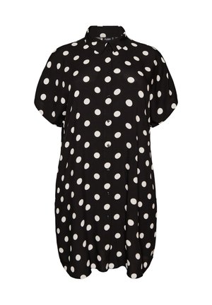 Zwarte jurk met korte mouwen en knoopsluiting, bedrukt met witte polka dots, voorzien van een kraag en een afgeronde zoom.