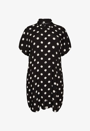 Melna īsroku kreklu kleita ar baltām punktiņām, apkakli un noapaļotu apakšu.