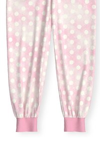 Roze loungebroek met witte stippen, met een zachte textuur en elastische roze manchetten bij de enkels voor een comfortabele pasvorm.