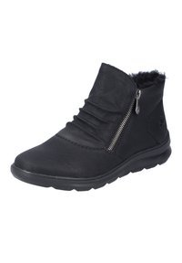 Black ankle boot made of soft leather with gathered design, a side zipper, and a textured rubber sole for grip. Lined with plush material.