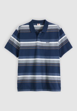 Donkerblauw poloshirt met witte, grijze en dunne oranje horizontale strepen, korte mouwen en Levi's-logo op de borst.