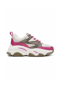 Chunky sneakers in white, pink, and metallic gray. Features mesh upper with rhinestone accents, thick sole, and textured rubber outsole.