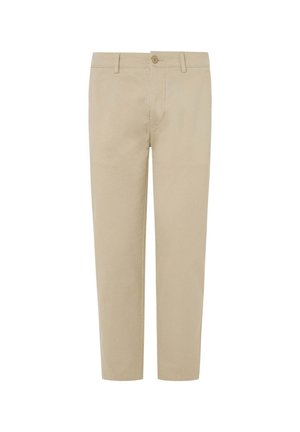 Chinos beige avec une coupe slim, fabriqués à partir d'un tissu doux. Comprend une fermeture à bouton à l'avant, des passants de ceinture et des jambes droites.