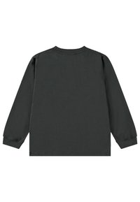 Langärmliges Shirt in Dunkelgrau, aus weichem Stoff. Es hat einen runden Halsausschnitt und einen lockeren Schnitt, mit elastischen Bündchen und einer glatten Textur.