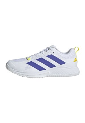 White athletic sneaker with blue stripes, yellow heel pull tab, mesh upper, and textured sole, shown from the outer side.