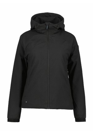 Schwarze Kapuzenjacke mit strukturiertem Muster, durchgehender Reißverschluss, verstellbare Kordelzugkapuze und elastischen Bündchen.