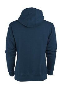 Dunkelblauer Kapuzenpullover mit langen Ärmeln, weichem Material, gerippten Bündchen und Saum. Schlichtes Design ohne sichtbare Logos oder Muster.