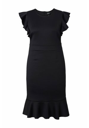 Vestido negro con mangas cortas con volantes, cuerpo ajustado y dobladillo acampanado. Hecho de una tela suave con costuras sutiles y dos bolsillos frontales.