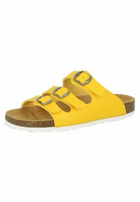 Yellow slide sandal with three adjustable straps, silver buckles, cork footbed, and textured white outsole.