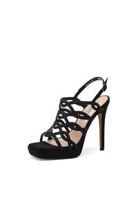 Sandal nero con tacco alto, caratterizzato da cinturini incrociati, decorata con dettagli glitterati, in materiale scamosciato e con design a punta quadrata. Suola in gomma.